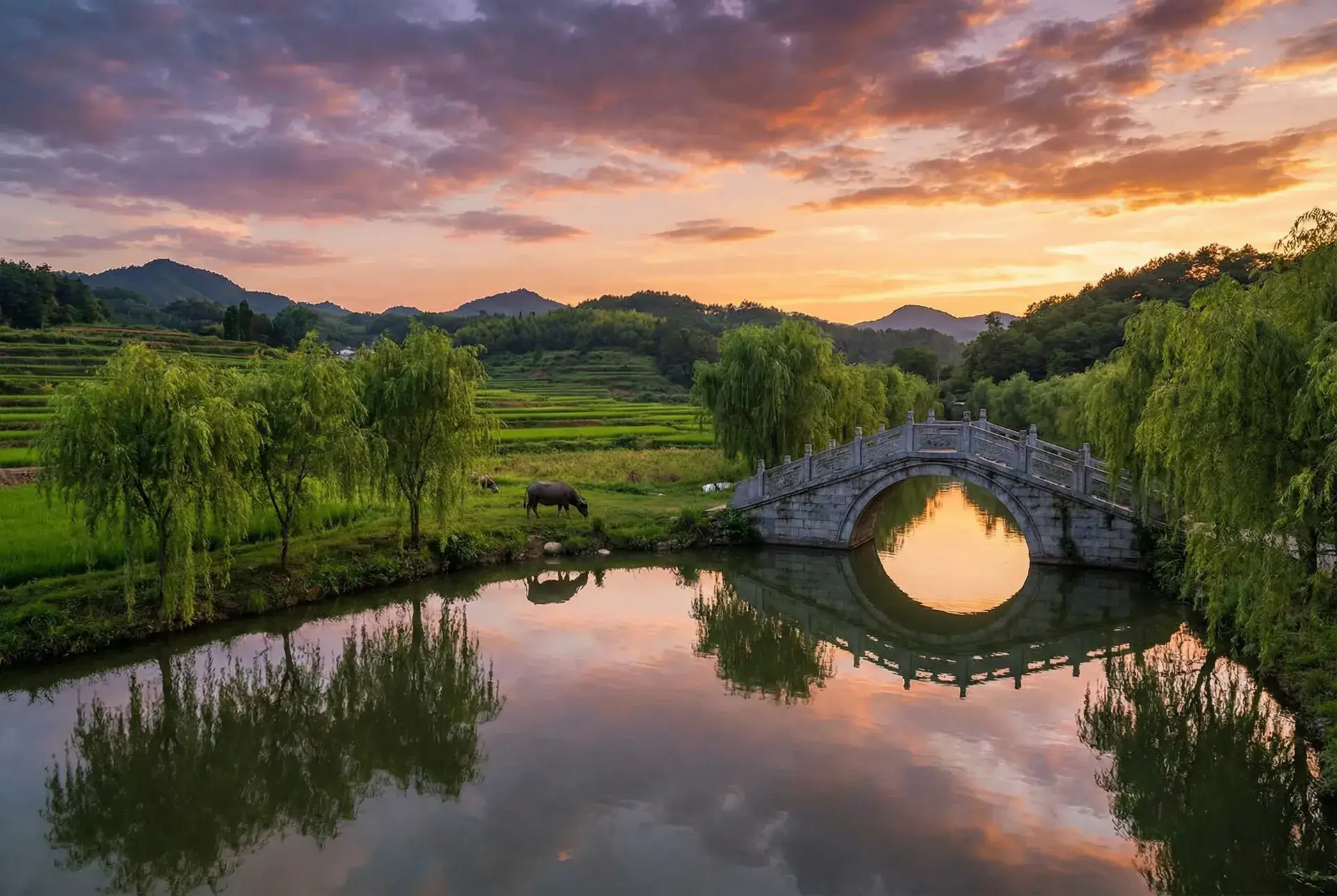 夕阳下的石拱桥与垂柳，水牛在河边吃草 - 胡桃本子 乡村美景